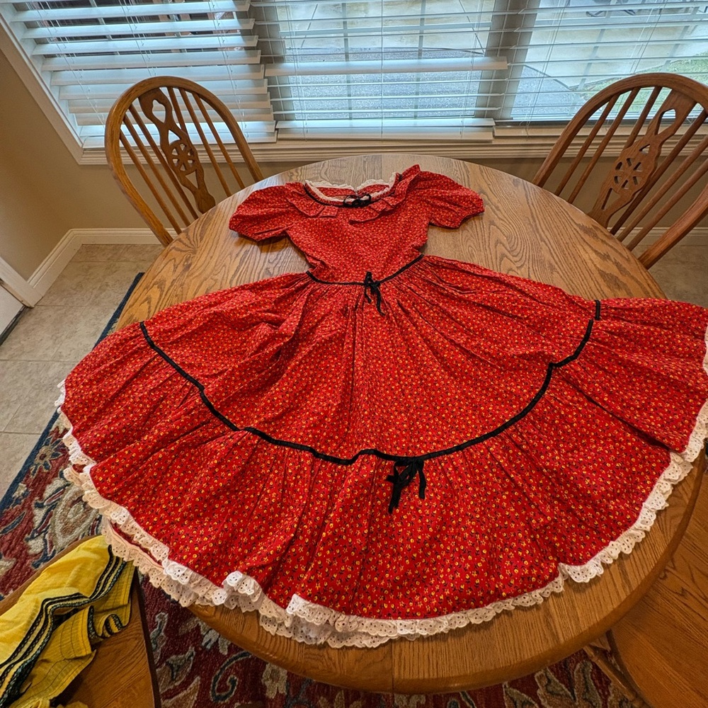 Vintage Custom Red Chintz Floral Square Dance Dress Ruffles & Ribbons Circle S - Picture 4 of 9